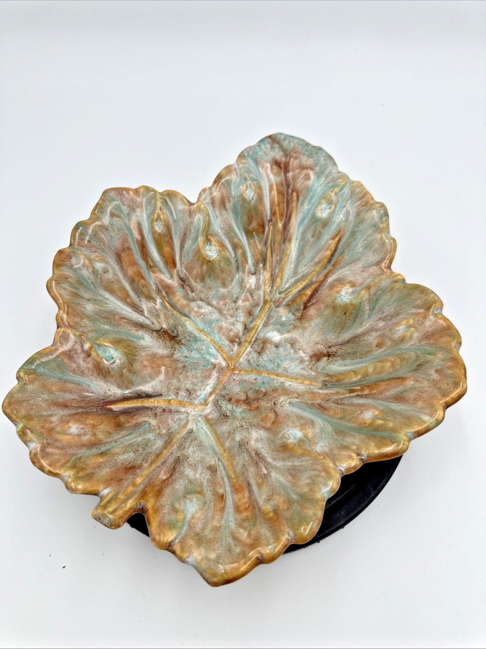 USA Glazed Pottery Leaf Bowl Artist Unknown Trinket Dish Center Piece